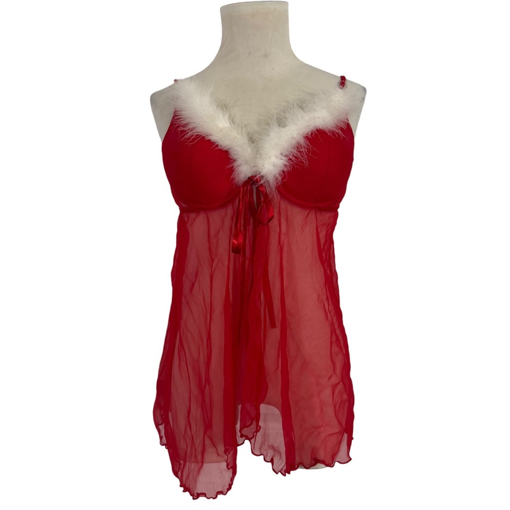 Seductive Wear by‎ Cinema Etoile Red White Fur Trim Babydoll Teddy Lingerie XL